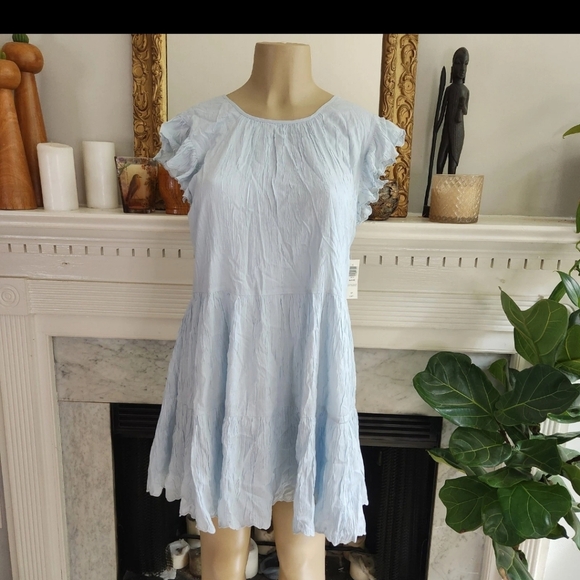 Aritzia Wilfred Blue Crinkle Babydoll Dress Sidonie Ruffle Boho Size Small - Picture 2 of 10